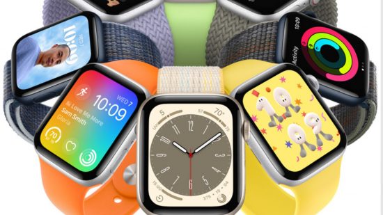 Multiple Apple Watch SEs in a circle in different colours showing different wallpapers and widgets on their faces.