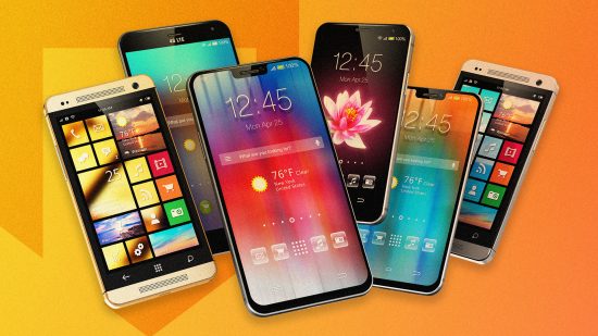 Best cell providers - six different mobile phones against a mango-colored background