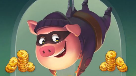 Coin Master free spins - the Coin Master pig dropping in like a spy surrounded by coins