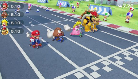 Mario Party games: Mario, a Goomba, Peach, and Bowser, all compete on tiny bokes to cross the finish line