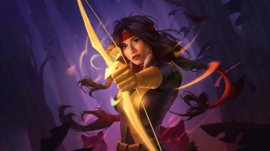 Screenshot of Marvel Snap's Mirage variant card art with the hero holding a bow and arrow