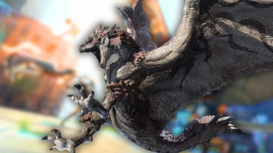 Monster Hunter Now showcase header showing a Rathalos -- a giant dragon-type monster with thick grey scales -- flying through the air with its talons raised looking terrifying, superimposed onto a blurred background.