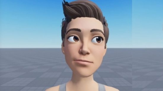 Roblox real-time animation header showing a man with a side smile, quaffed brown hair, and a grey vest in a blank space with grey tiled floors and blue sky.