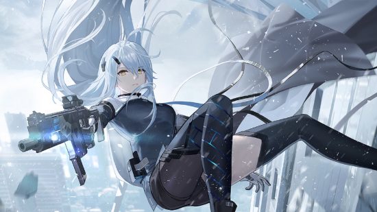 Snowbreak codes - a white-haired anime girl falls through the sky while shooting a gun